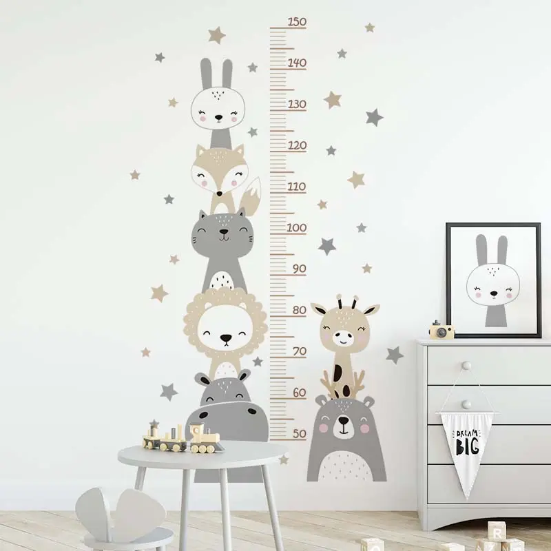 Cartoon Smile Animals Stars Height Measure Wall Stickers for Kids Room Bedroom Nursery Home Decoration Wall Decal