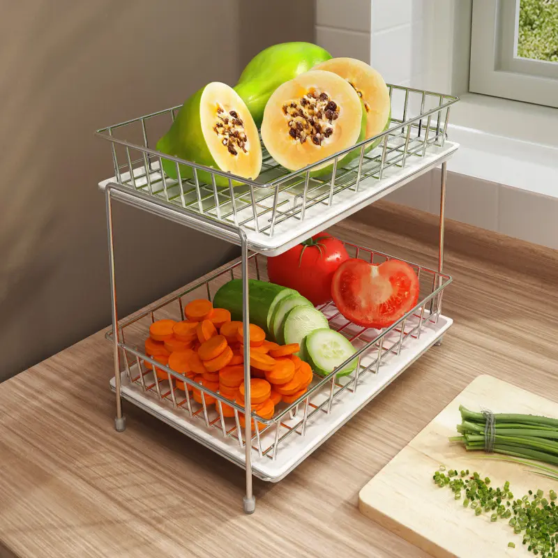 Moderno semplice scaffale di scarico 304 acciaio inossidabile doppio strato cesto di frutta e verdura da cucina rack di stoccaggio cibo cestino