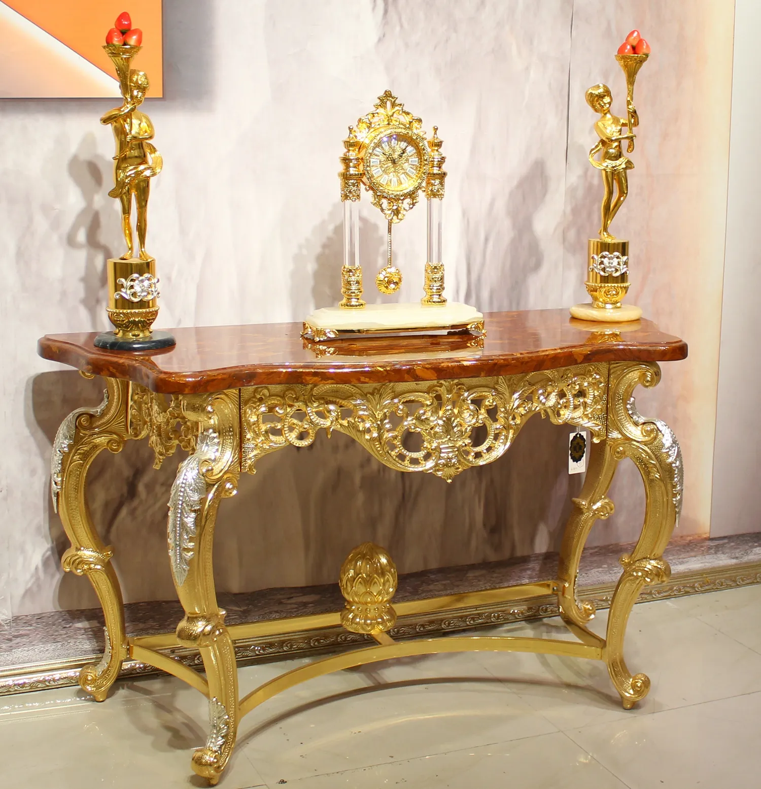 Console rétro de luxe Style italien doré finition miroir, Table de couloir