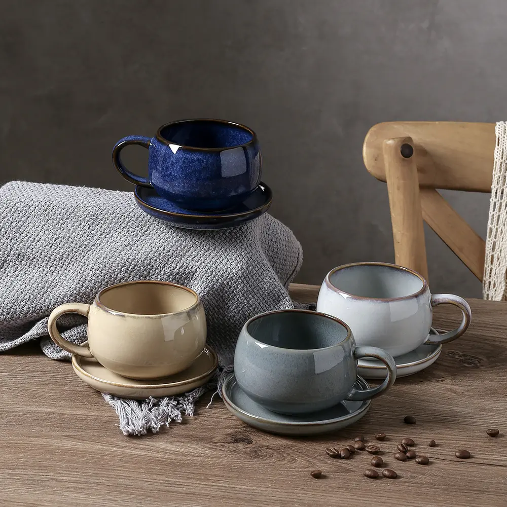 Custom Tasses et Soucoupes Color Glaze Hand Made Ceramic Espresso Cappuccino Cups Handgrip Mug Coffee Cup and Saucer Set