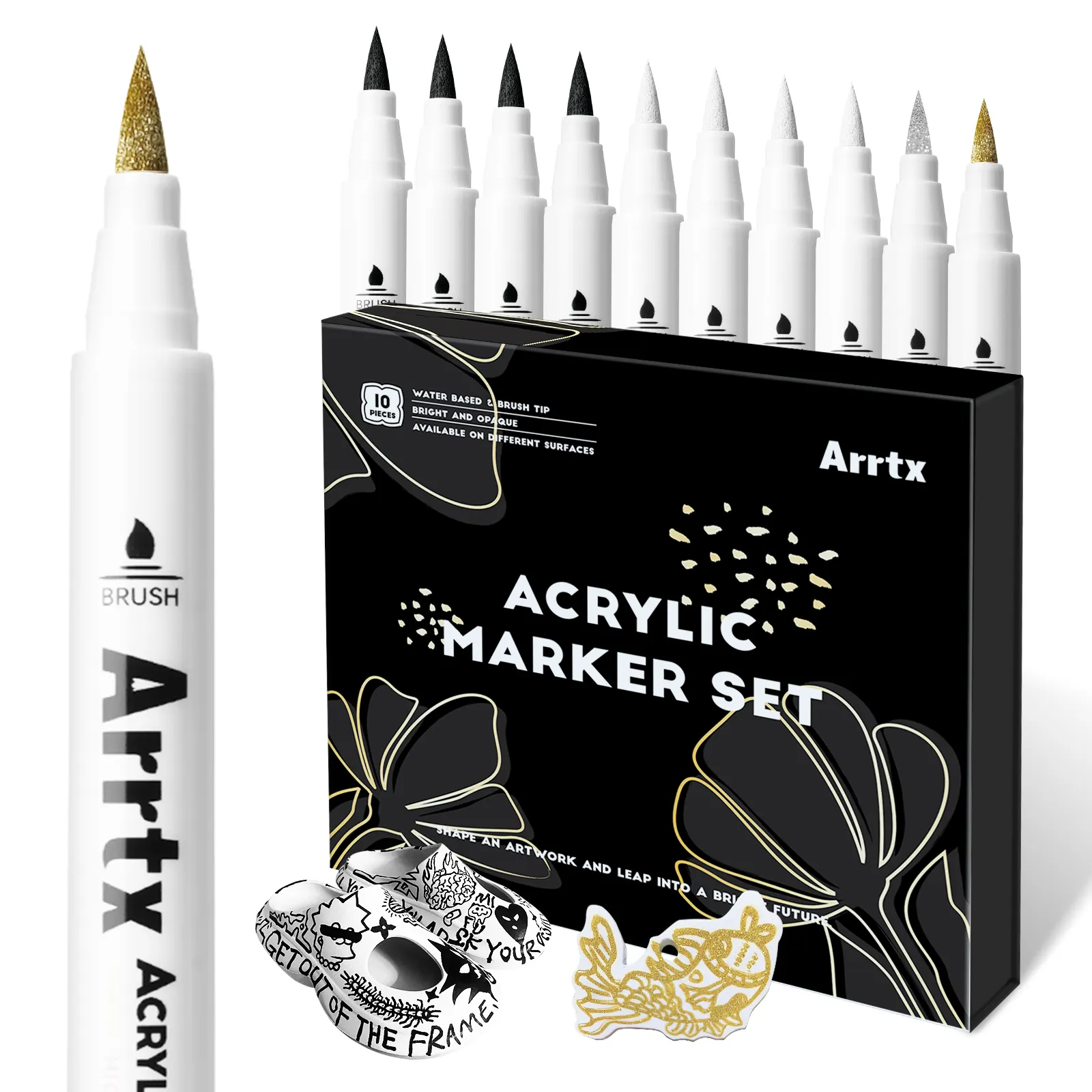 Arrtx AACM-0500-10A 아크릴 마커 펜 DIY 화이트 + 블랙 + 골드 + 실버 4 종 색상에 대한 10PCS 방수 페인트 마커