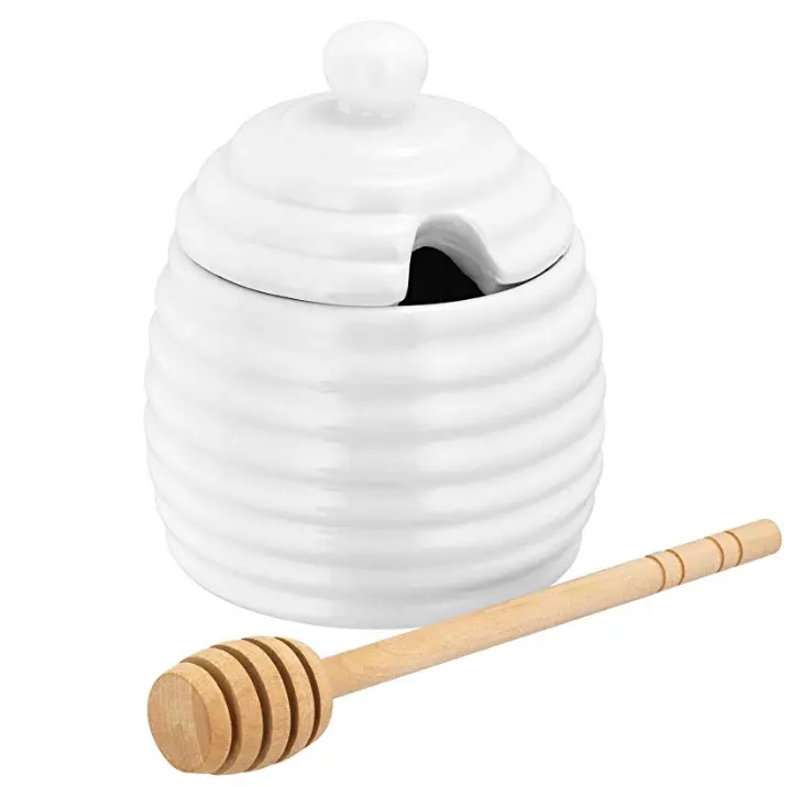 Kunden spezifischer weißer Honig topf aus Keramik mit Deckel und Holz löffel