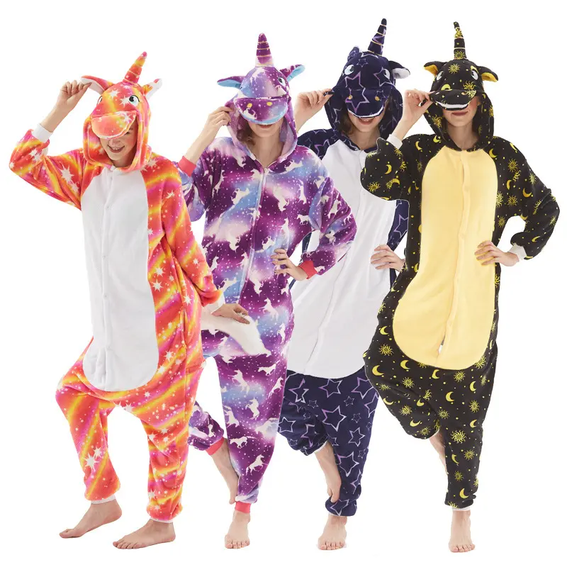 Venta al por mayor de franela animal de dibujos animados de una pieza gchristmas estampado niños pijamas cálido unicornio Pijama Kigurumi para la familia