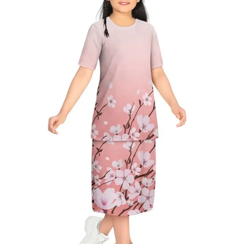 Venta al por mayor nuevo diseño flores de cerezo estampado Kis Conjunto 2 uds personalizado cuello redondo manga corta niñas vestidos niños ropa para niño