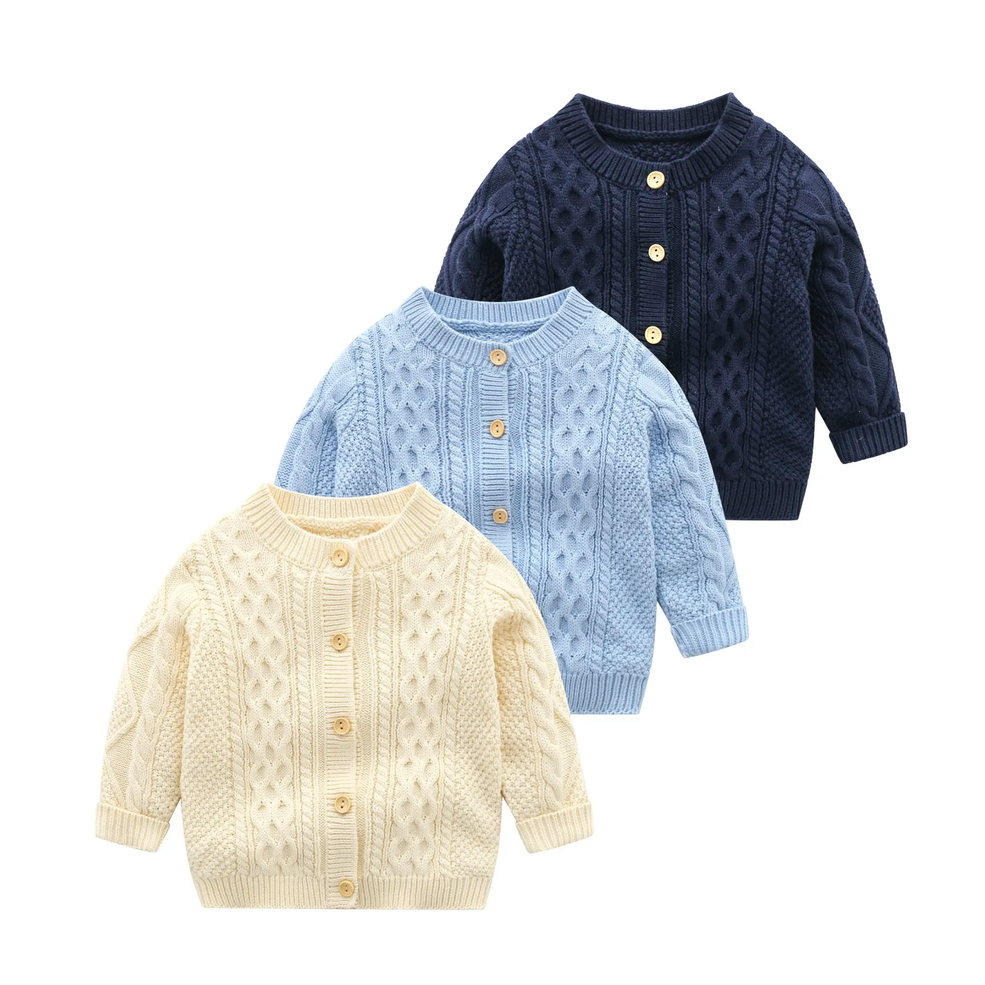 चंकी बुनना बच्चे स्वेटर कपास बच्चे लड़कों और लड़कियों मोड़ लंबी आस्तीन बटन स्वेटर डिजाइन