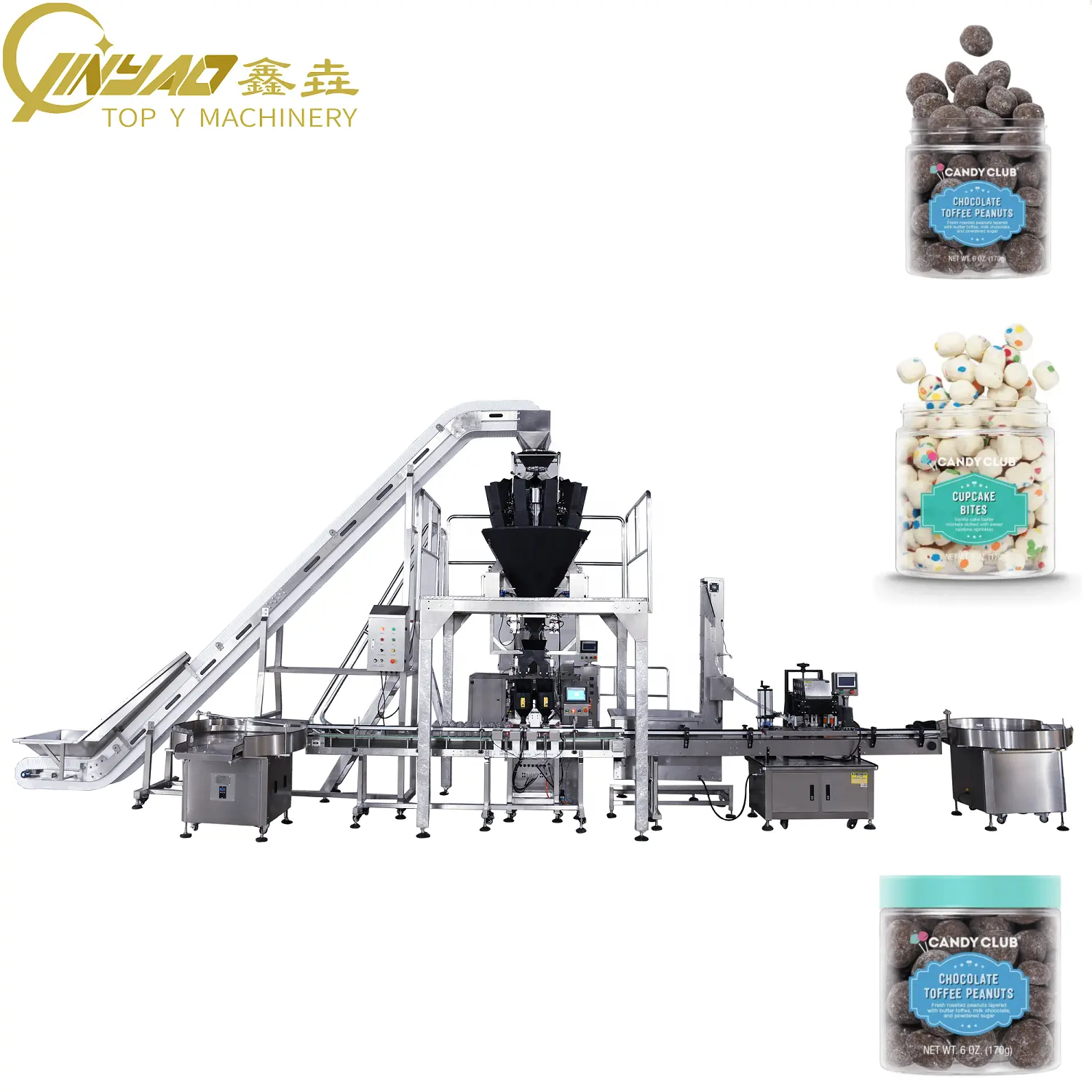 Chocolade Toffee Pinda 'S Pot Vulmachine Met Multihead Weger Automatische Dop Feeder Capping Machine Fles Unscrambler