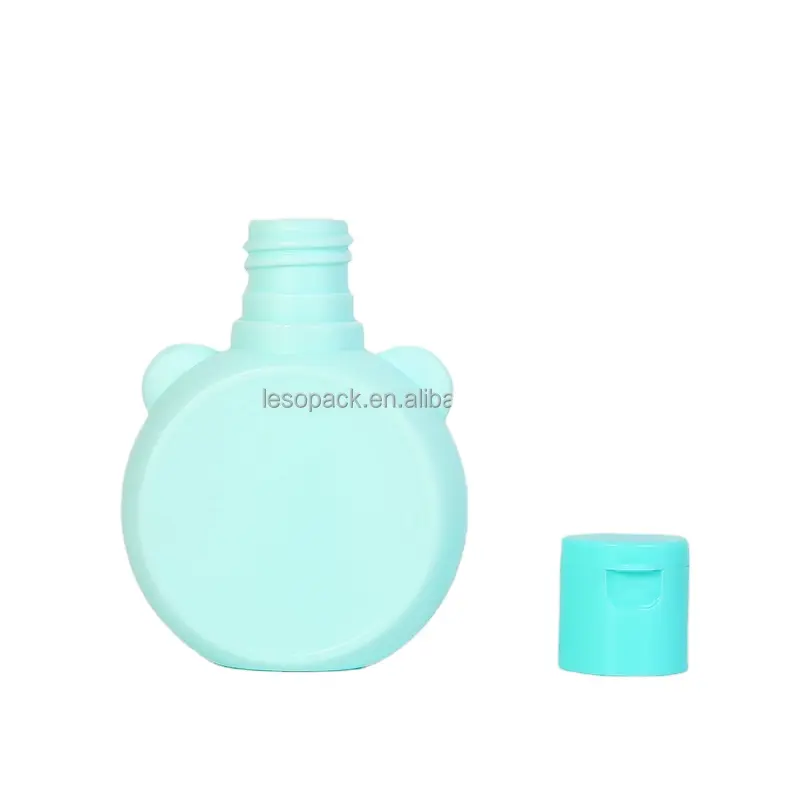 Botella de plástico HDPE para loción de bebé, envase cosmético plano, suave, exprimible, protector solar, tapa abatible, elegante, 60ml