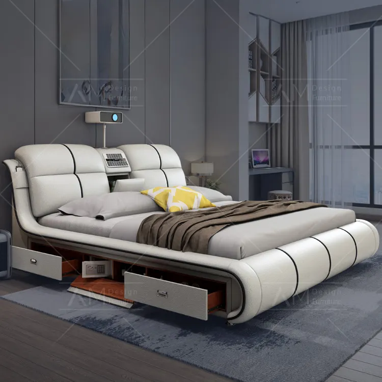 Moderne Luxus-Schlafzimmer möbel Echtes Leder Smart Multifunktion sbett King Size Polsterbett möbel für Home Hotel