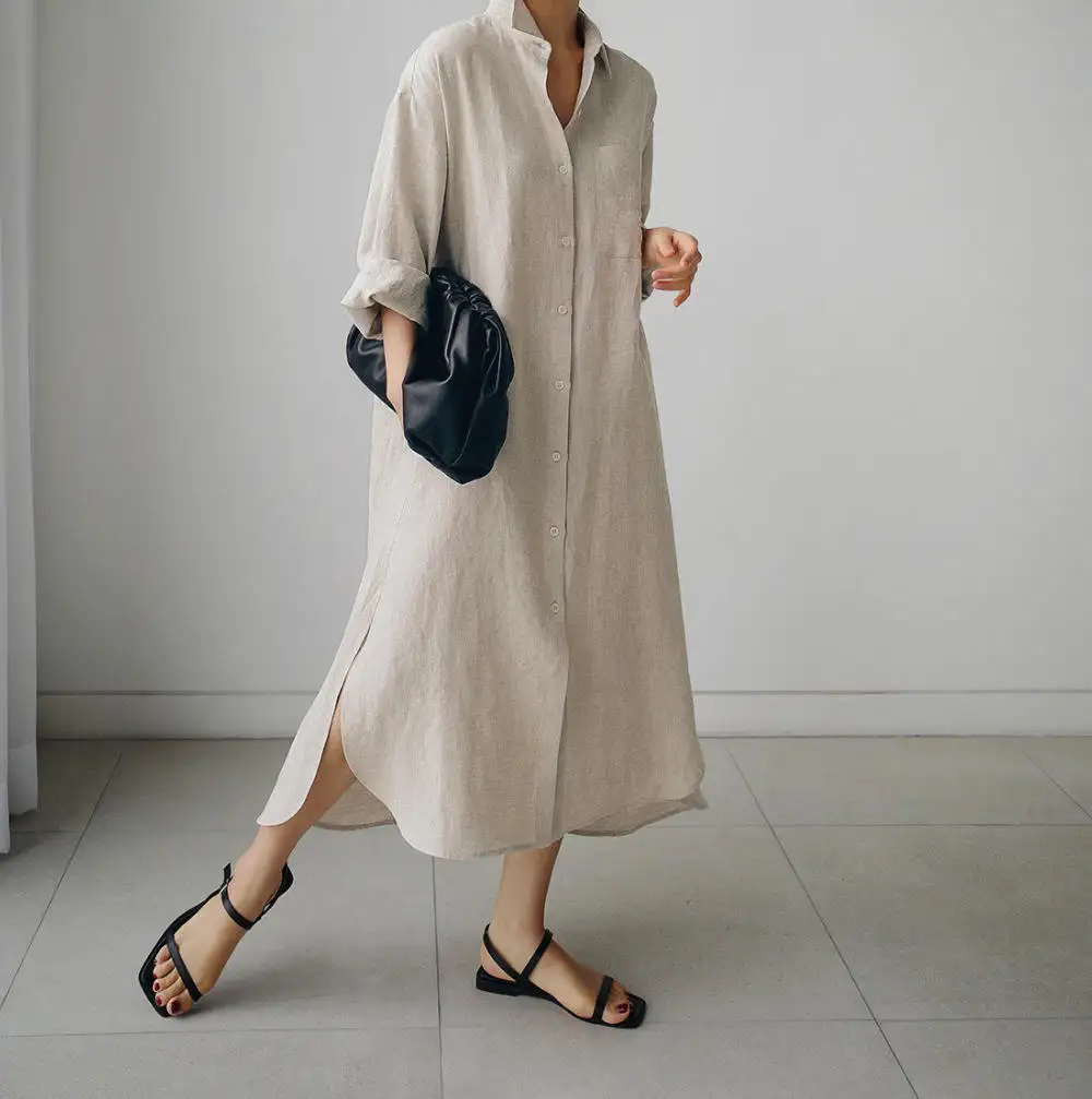 OEM Maxi Long Cotton Linen Smart Casual Shirt Modest Fashion Button Dresses for Women