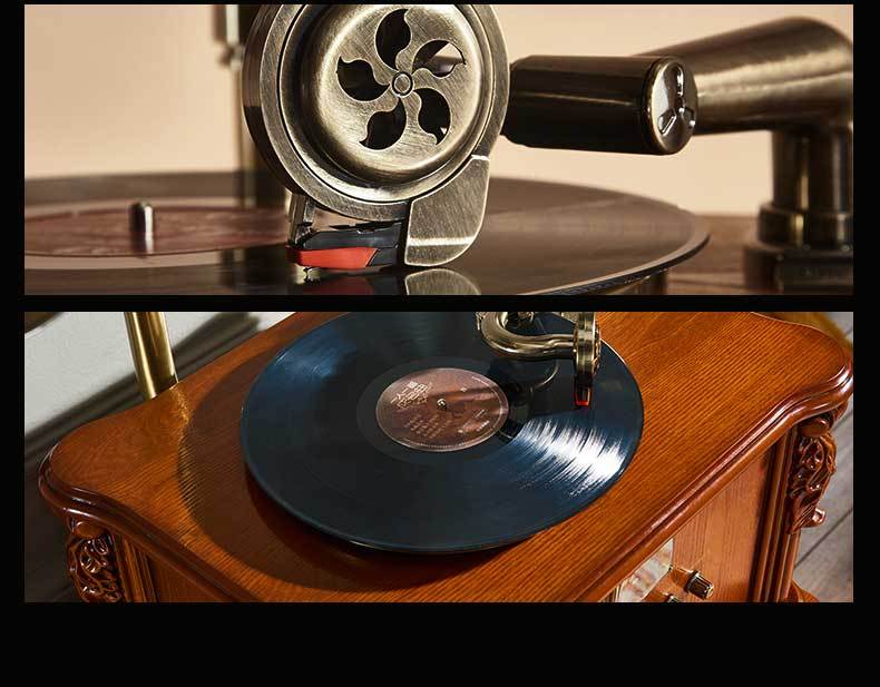 vintage design Wooden desktop record player vinyl and gramophon turntable phonograph in western style restaurant