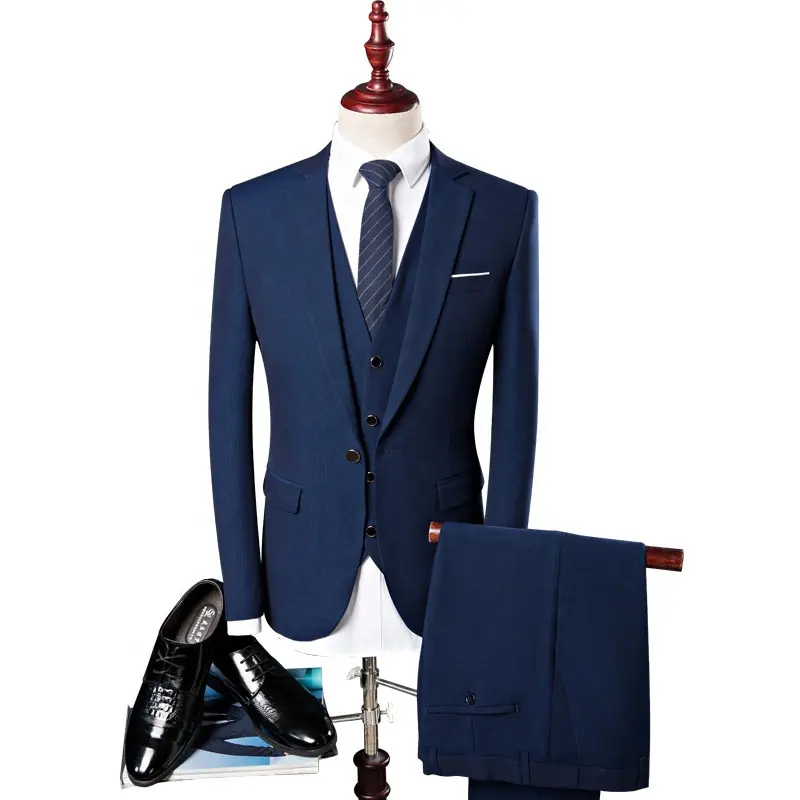 Setelan jaket wol satu kancing, setelan celana wol Solid dengan dasi bergaris biru untuk pria