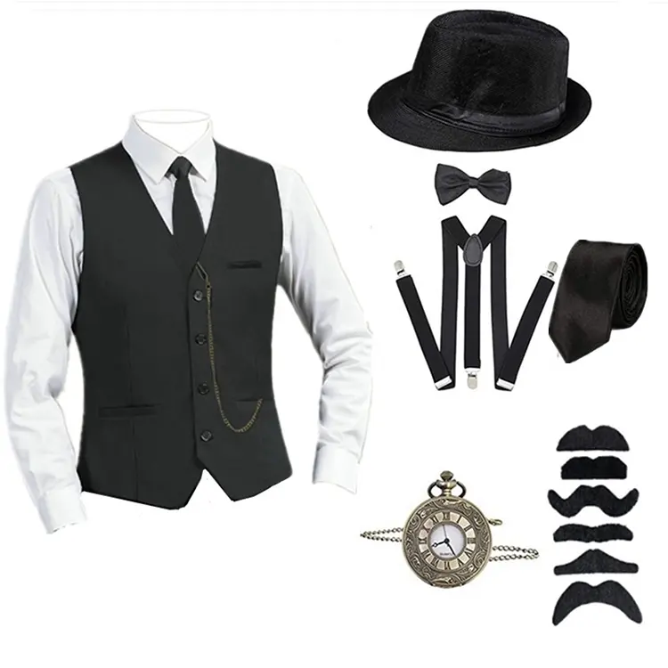 1920s disfraz para hombre con gran Gatsby gángster Fedora sombrero reloj de bolsillo pajarita Halloween Cosplay disfraces accesorios conjunto