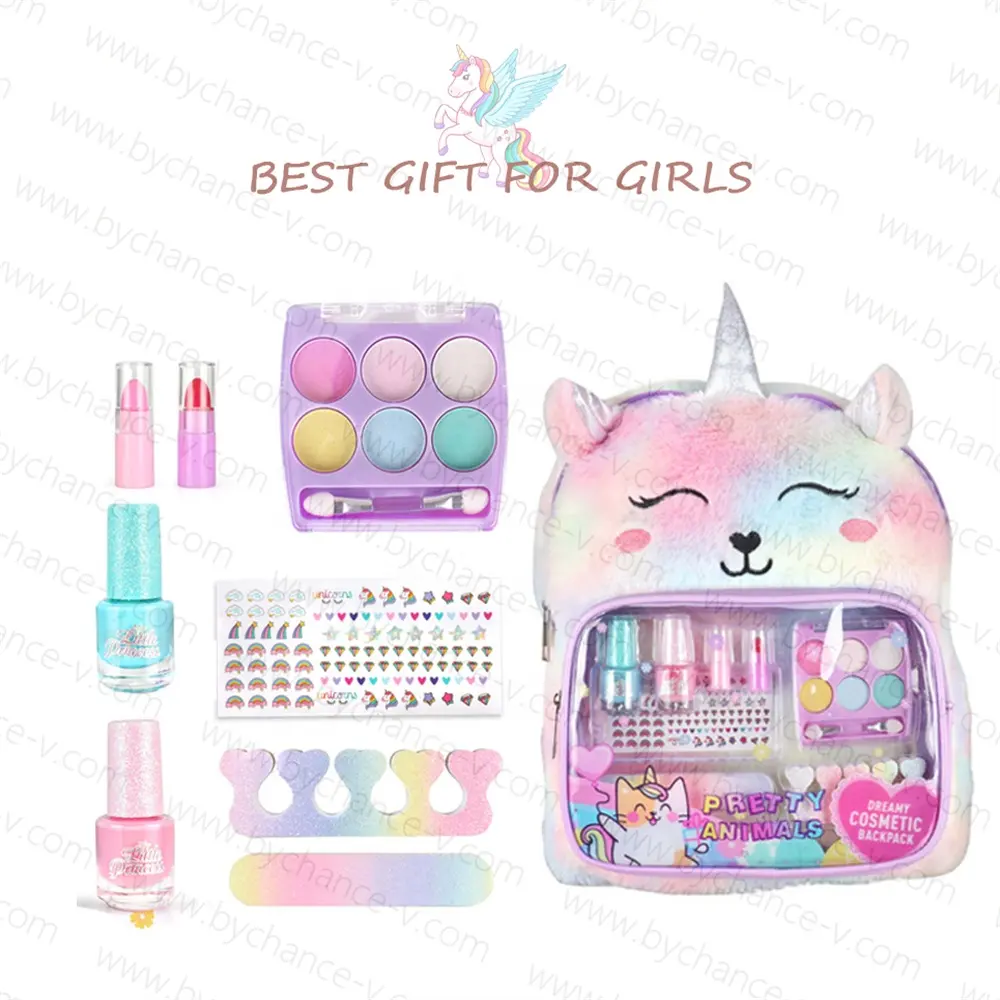 Regalo de gran oferta para niñas pequeñas, juguete de juego de simulación, lápiz labial cosmético real, juego de maquillaje de esmalte de uñas con mochila de unicornio de felpa