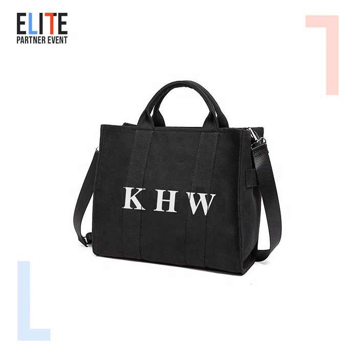 Logo kustom tas Tote untuk wanita RPET hitam kanvas tas tangan wanita tas selempang katun tas tote logo kustom