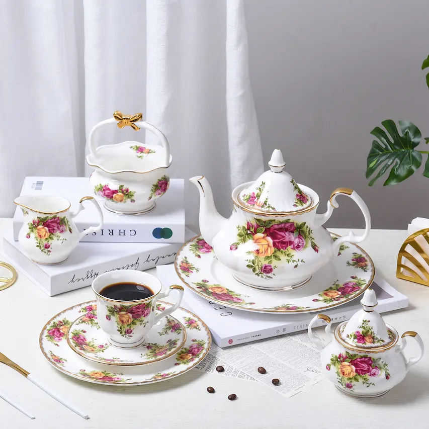 wholesale support elegent design embossed bone china gift gold rim Tea cups and teapot set