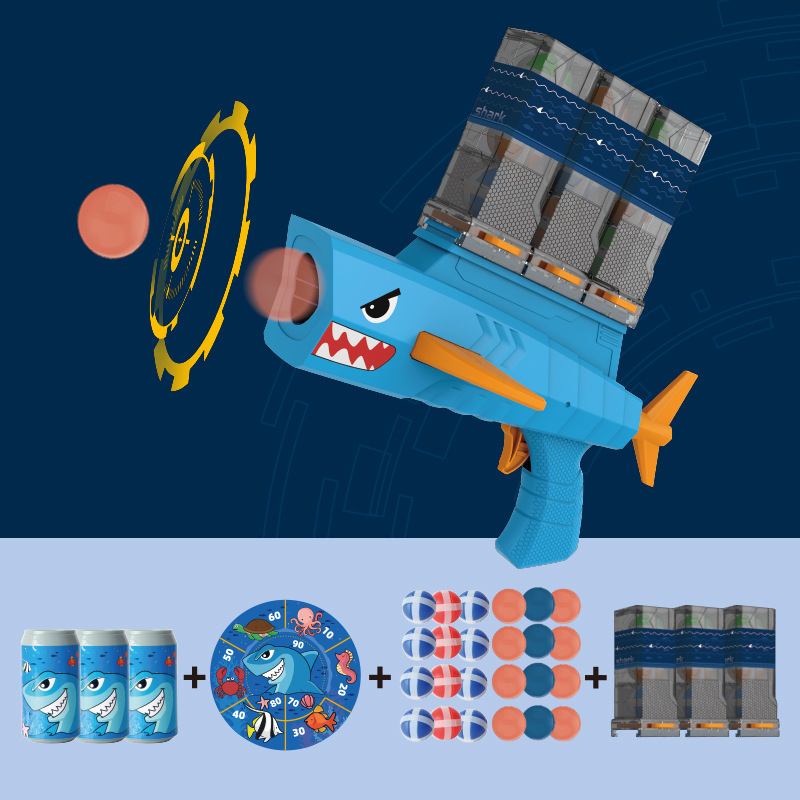 One shot, 24 balls, 3 magazines, 3 beer cans +1 shark cloth.