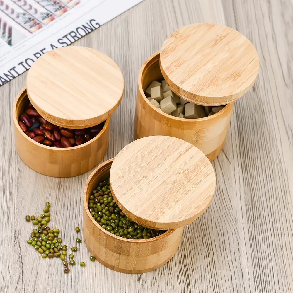 Tarro redondo de bambú con logotipo personalizado, contenedor de almacenamiento de especias con tapa, caja de sal de bambú, venta al por mayor