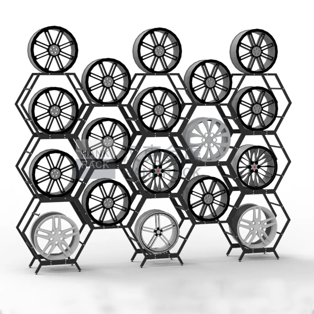 Listo para enviar Soporte de exhibición en forma de panal para llantas de rueda de automóvil Estante de rueda hexagonal