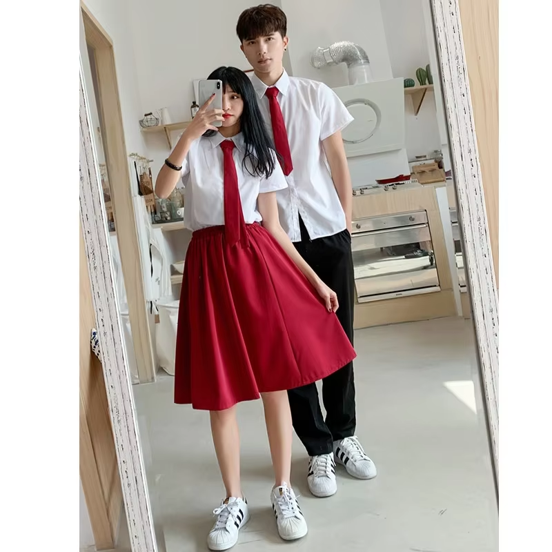 MIDI ผูก shirt_red แขนสั้นสำหรับผู้หญิง skirt_red