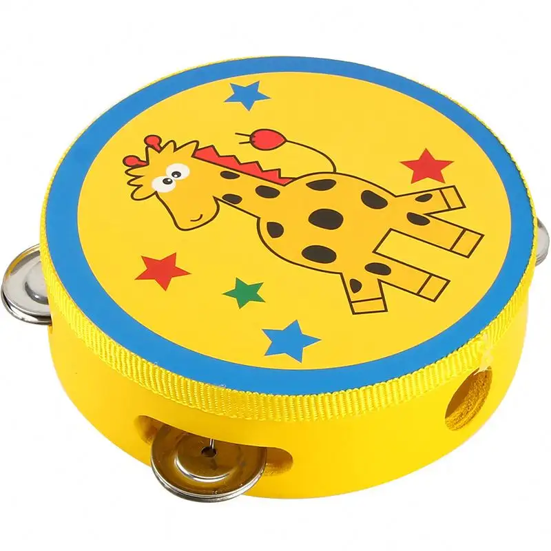Kayu grosir mainan pendidikan karton hewan tangan mainan drum rebana untuk bayi