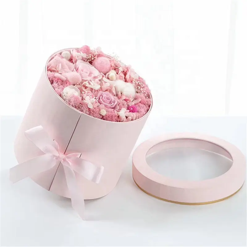 कस्टम पारदर्शी ढक्कन लक्जरी छोटे गुलाबी दौर टोपी गुलाब का फूल पैकेजिंग गत्ता बक्से के लिए उपहार