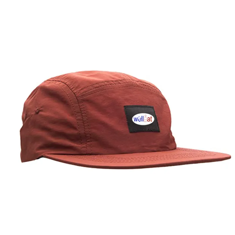 Kırmızı naylon hızlı kuru spor yürüyüş özel dokuma etiket yama kampı kapaklar 5 Panel şapka