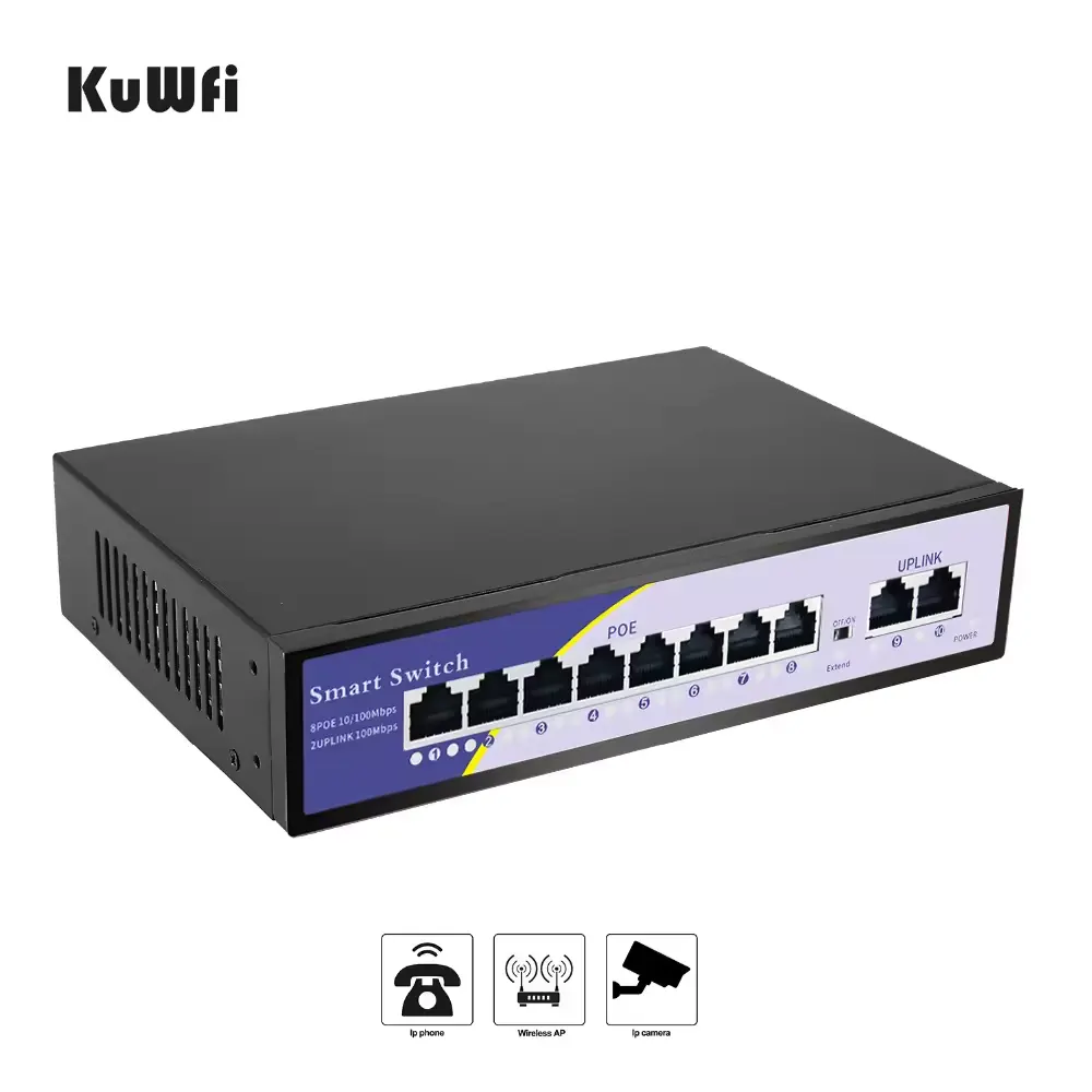 جهاز مراقبة ذكي من KuWFi ai مع مخرج بجهد منخفض 6 منافذ 2 جيجا بايت في الثانية جهاز تشغيل صغير على سطح المكتب بنظام poe لنقاط الوصول إلى الشبكة اللاسلكية