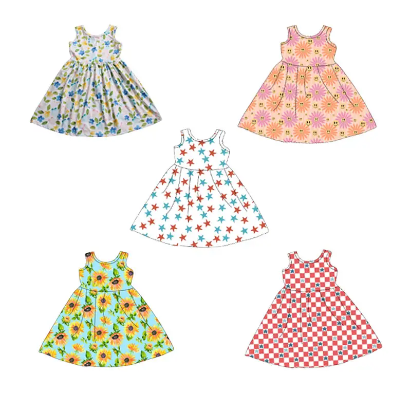 New arrival baby girl dresses milk silk fabric sleeveless design custom pattern sweet style dresses