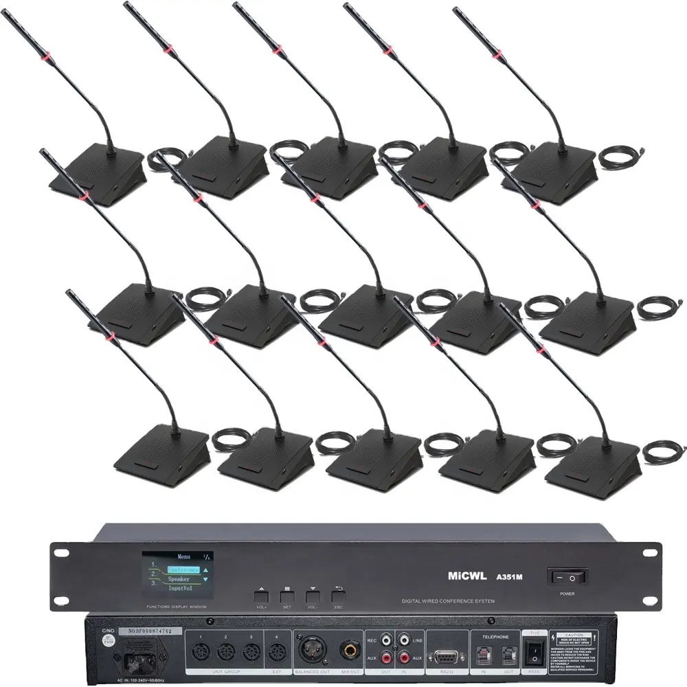 MiCWL High-end Digital Wired Conference 20pcs Gooseneck Desktop Microphone System Built-in Speaker 2 President 18 Delegate Table