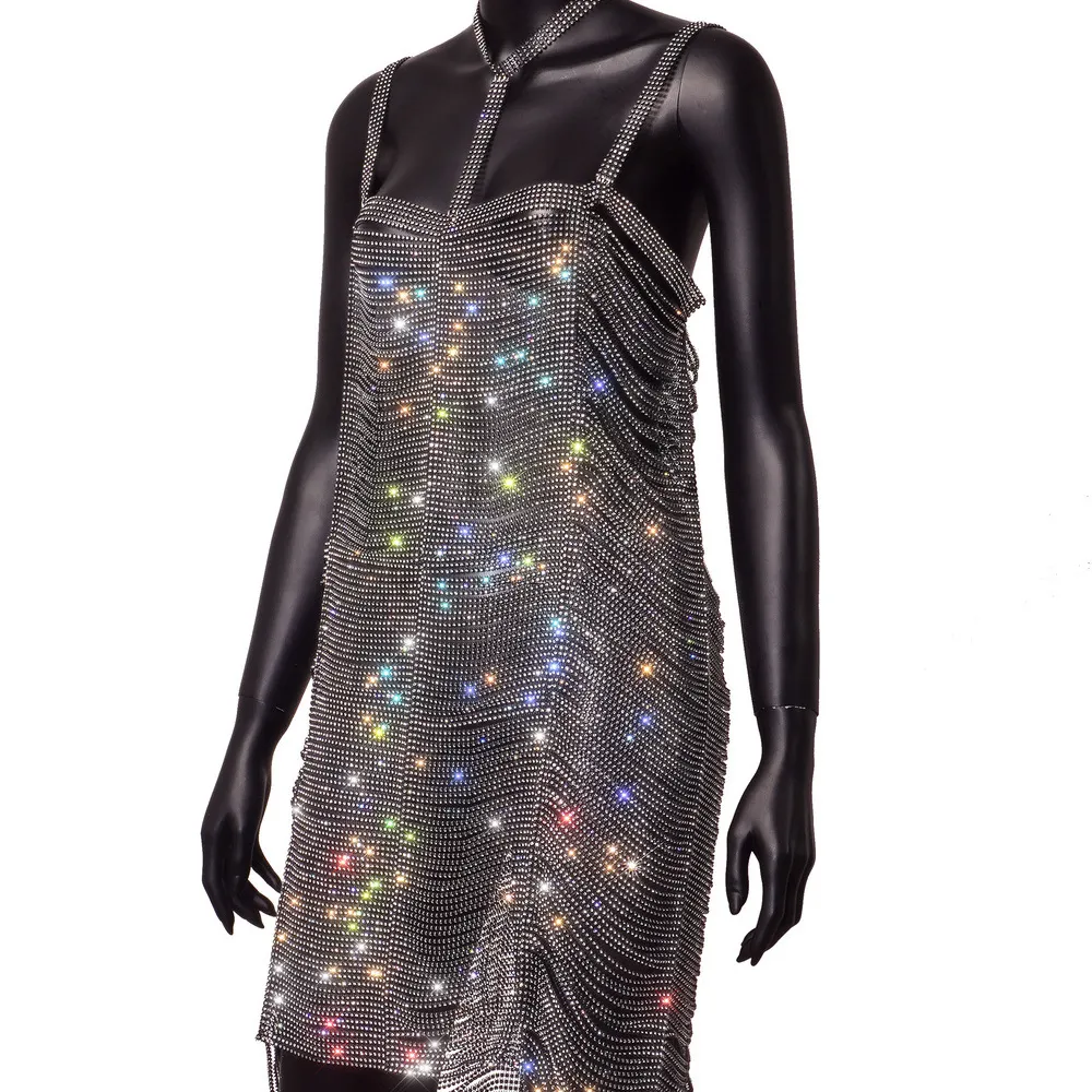 Woying Nightclub Fashion Sling strass Mesh abito di cristallo trasparente nero paillettes Evening Party Women strass Dress Sexy