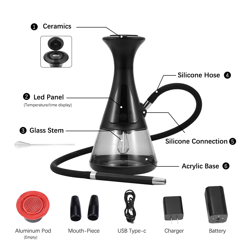 New Design Hookah Shisha Accessories Led Electric Portable Hookah Fashion with Pods Hookah