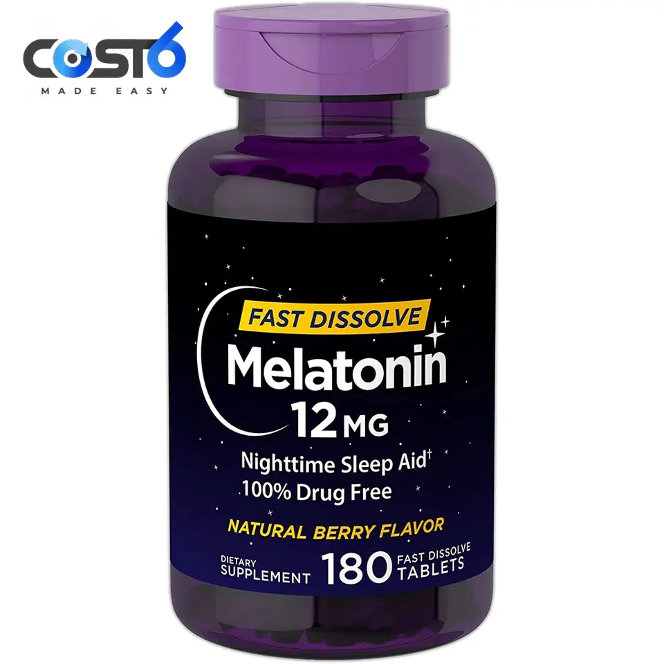 Melatonin 12 mg hızlı çözülür OEM özel etiket ile 180 tablet uyku kapsülleri hapları için Melatonin tabletler