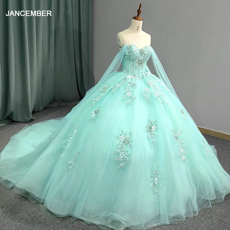 Novo Design Vestidos Quinceanera 2024 Glittery Tulle Prom Dress 3D Floral Off-Ombro Manga Comprida Vestido de Baile 5832