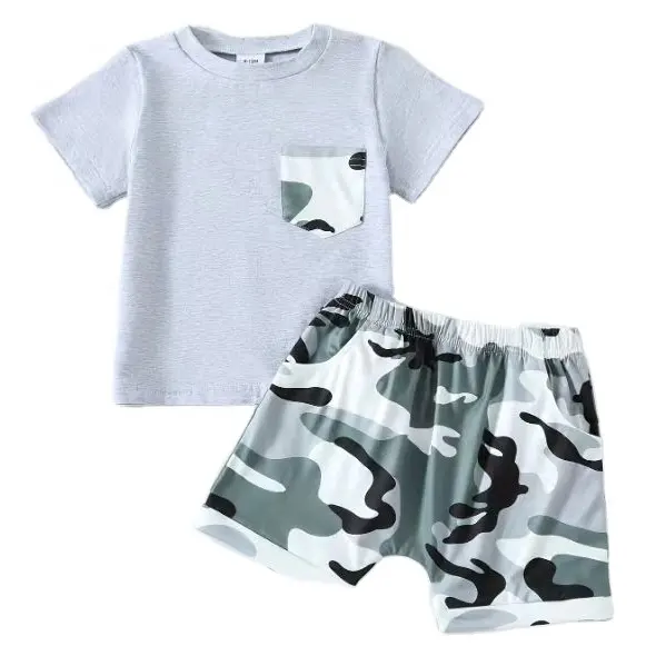 Conjunto de ropa para niño con cuello redondo de verano 2024, camiseta de manga corta de camuflaje de algodón blanco, pantalones cortos de camuflaje, traje de bebé de moda informal