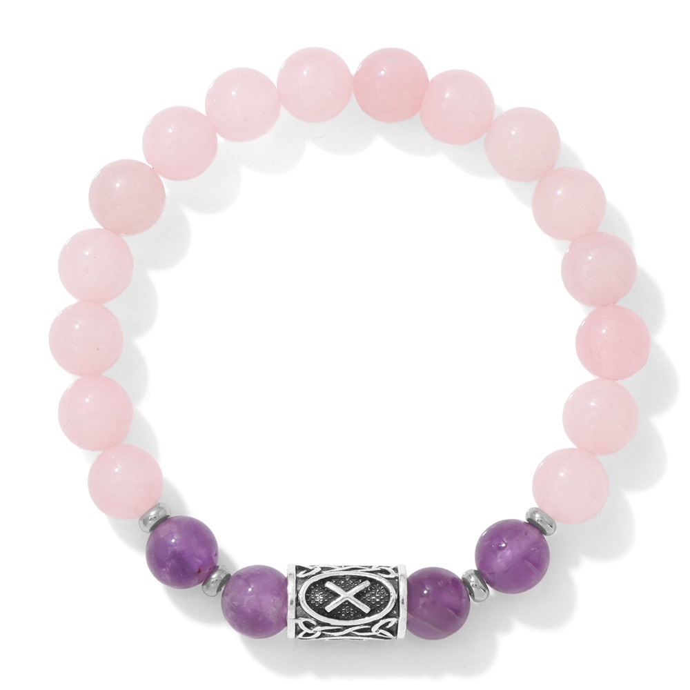 Pulsera vikinga de amatista natural y cuarzo rosa.