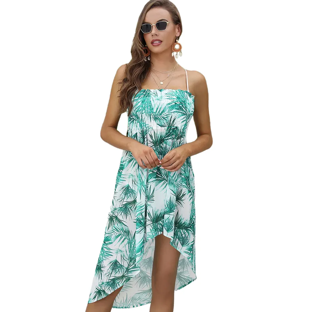 Vestido veraniego de Chifón con estampado de hojas para mujer, traje de playa para vacaciones, venta al por mayor