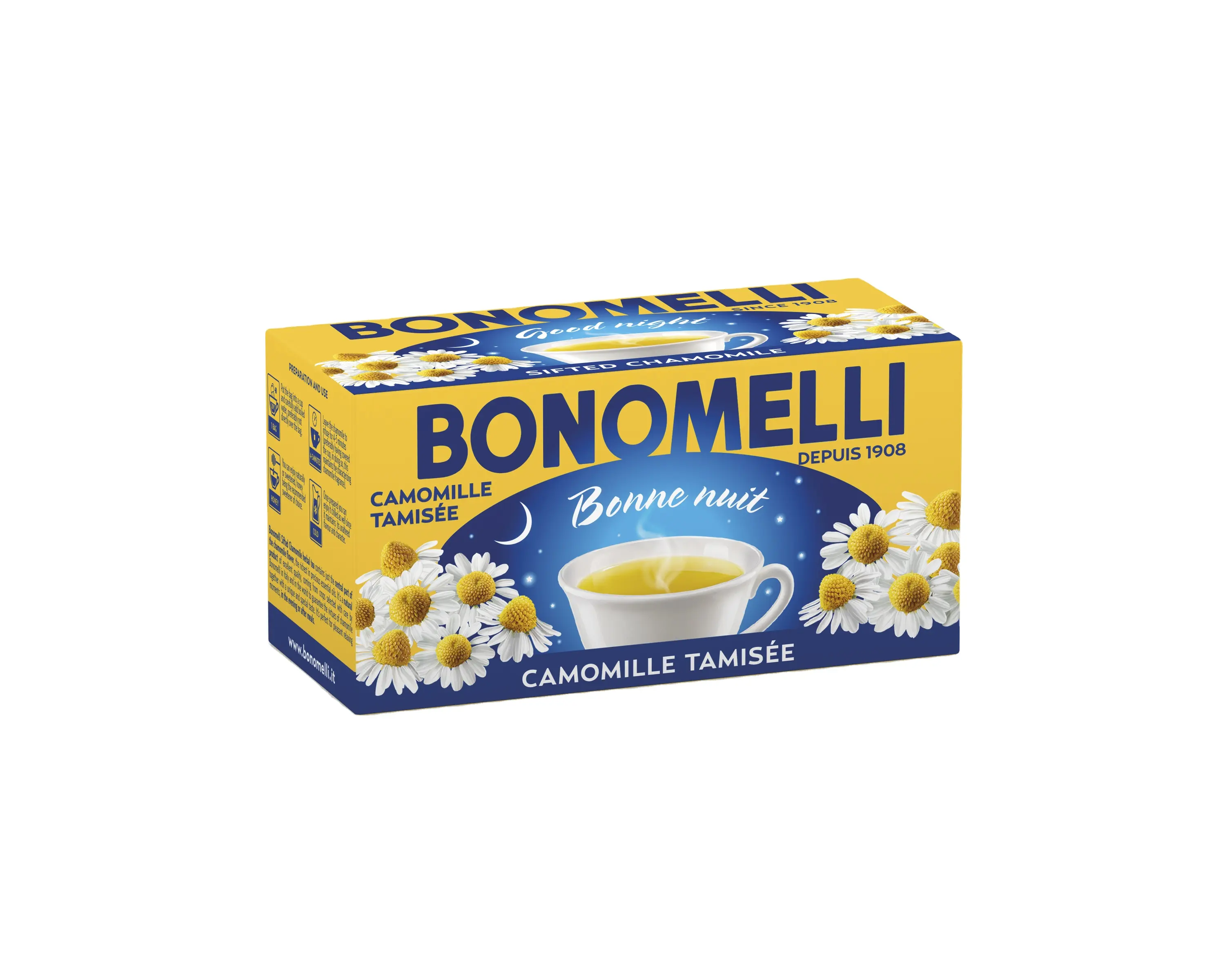 Tisane italienne certifiée de qualité supérieure, thé à la camomille filtrée, Bonomelli, 18 sachets dans une boîte à thé pour la détente et un bon sommeil