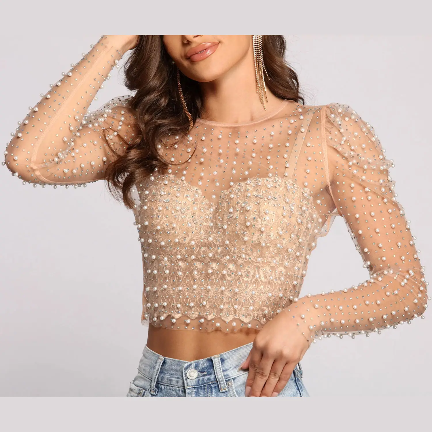 Blusa corta transparente de manga larga negra con cuentas de diamantes brillantes de encaje transparente blanco para mujer