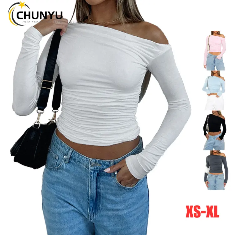 Camiseta ajustada de elasticidad corta ajustada de un hombro sólido Sexy para mujer, camiseta fruncida de manga larga para mujer