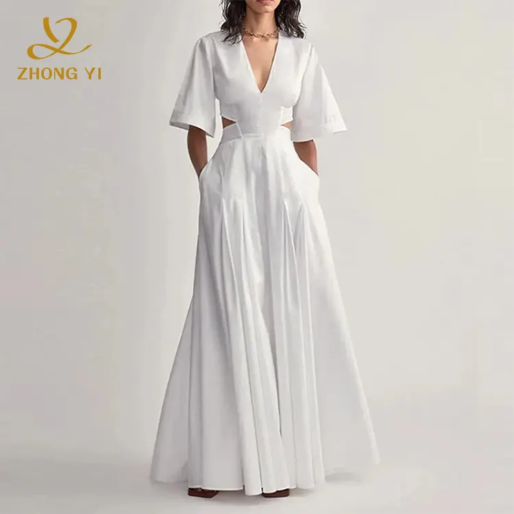 2023 ropa de verano para mujer Lisa cuello en V mostrar cintura trasera blanco puro Maxi plisado elegante vestido de mujer suave