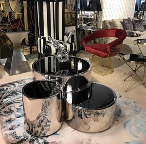 Modern altın veya gümüş paslanmaz çelik ayak temperli cam merkezi kahve çay masası oturma odası ve daire için set - Product Image 3