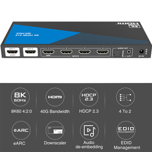 Conmutador de matriz 4x2 8K UHD HDMI 2,1 Con reducción automática y desincrustador de audio para sistema de cine en casa