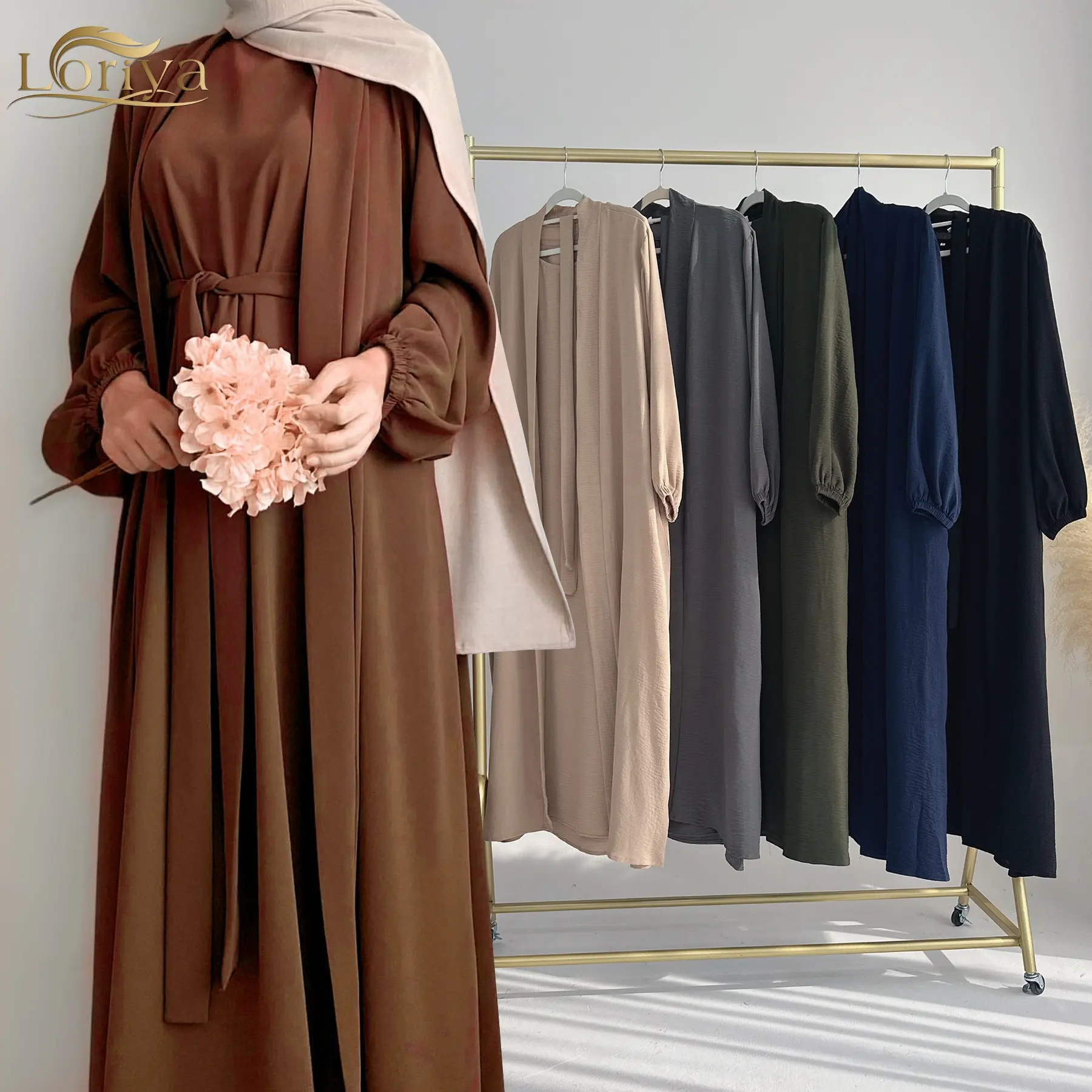Loriya 2024 grosir terbaru 2 potong Set Abaya polos Abaya Lebaran Ramadan pakaian Islami gaun Muslim wanita