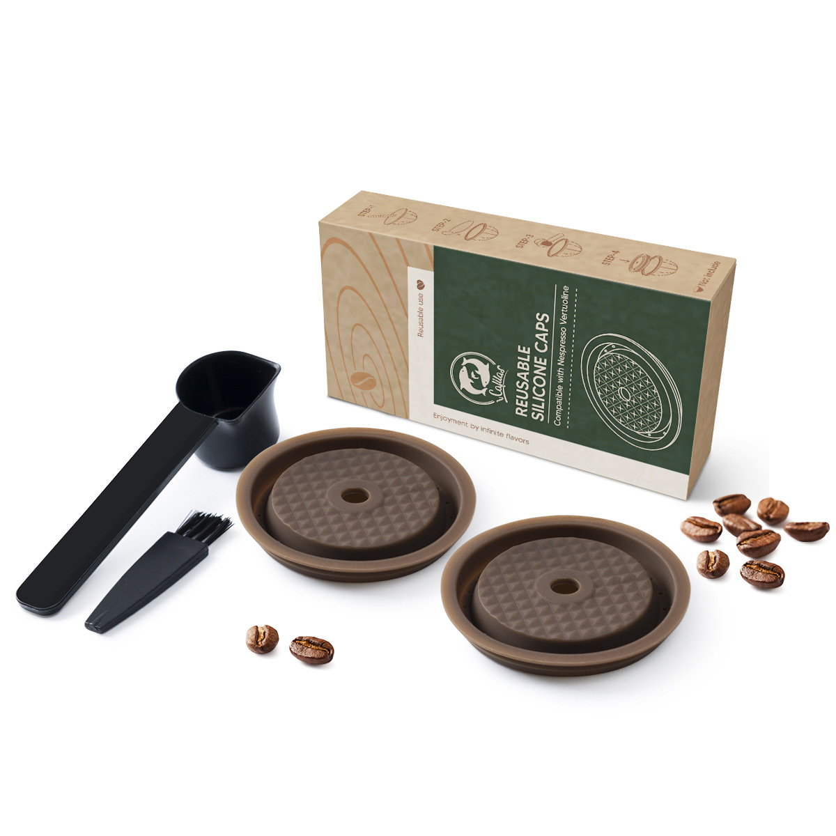 Tapa de Silicona Nestlé Negra Grande (2 unidades) + Cepillo con Cuchara Dosificadora