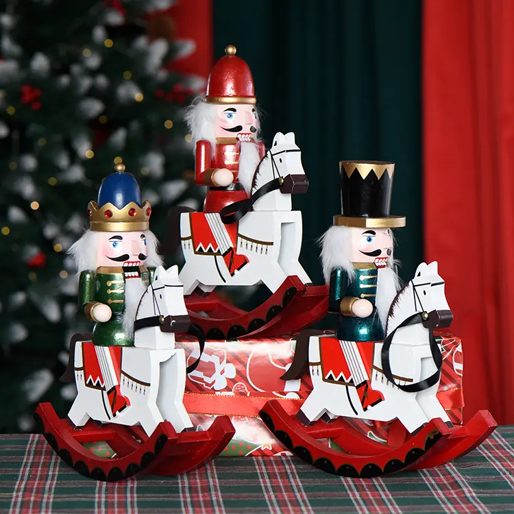 Precio de fábrica 30CM decoración navideña creativa artesanía tallada madera maciza montar Cascanueces guerra caballo marioneta adornos