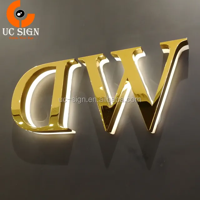 Letras de ouro personalizadas para negócios, logotipo 3d de aço inoxidável com luz traseira
