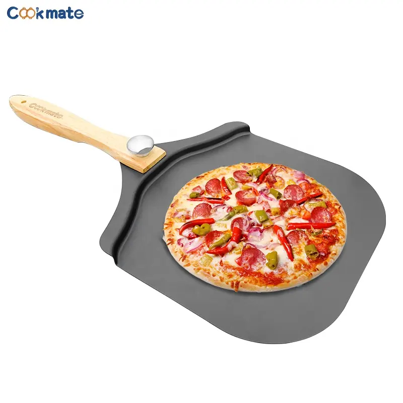 قطع بيتزا معدنية فاخرة قابلة للطي, ملحقات 12 × 14 مزودة بمقبض خشبي وقشرة بيتزا من الألومنيوم