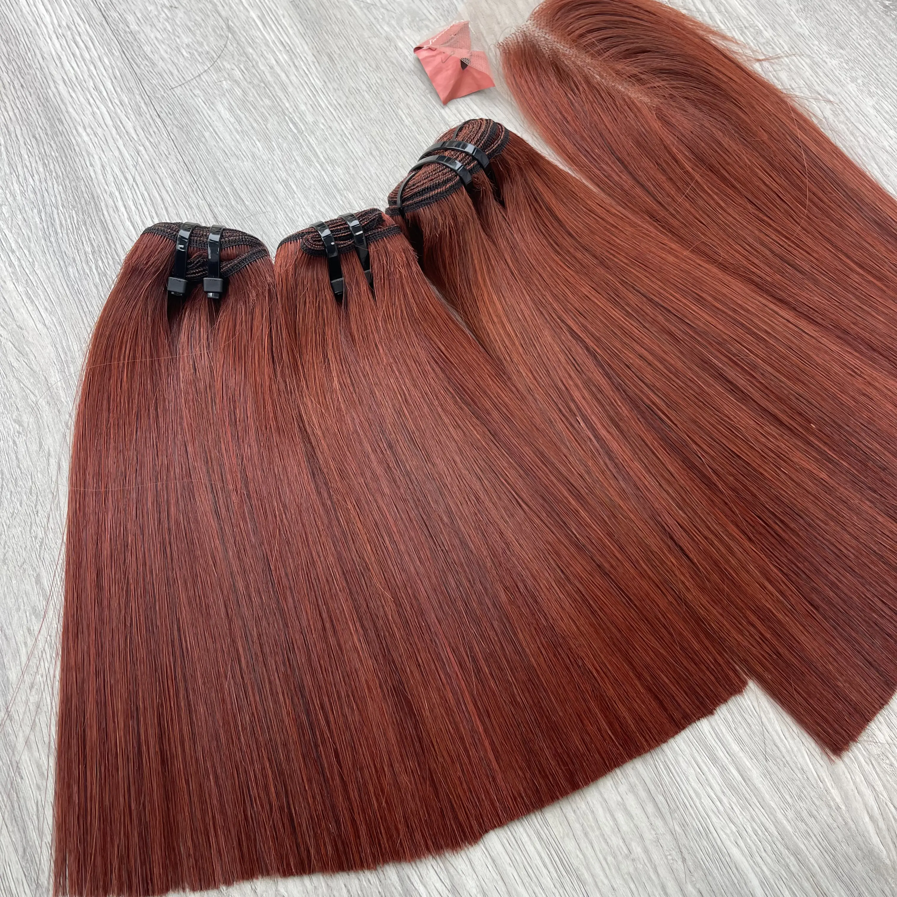 Cabelo humano liso de osso vermelho laranja com aparência de fogo | Unidades de peruca 10" Genius trama com fecho 2x4 | Cabelo cru vietnamita LINU