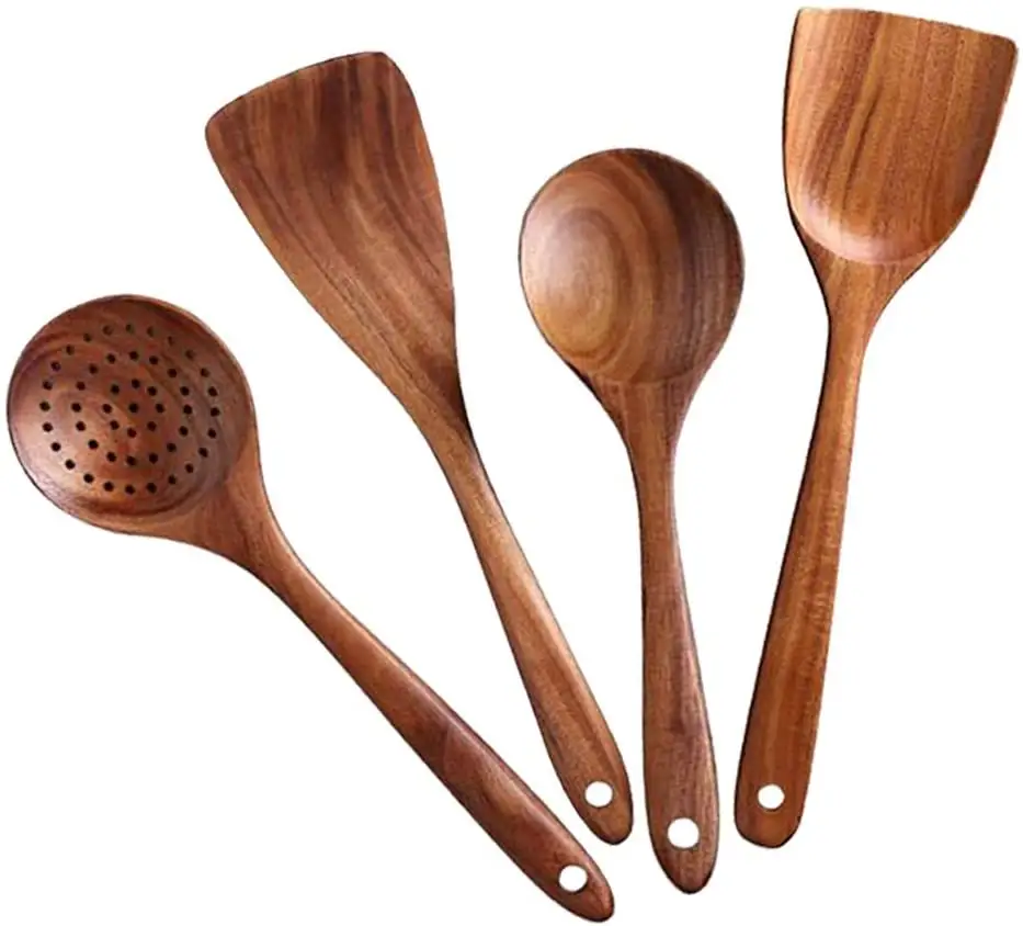 Juego de utensilios de madera de Acacia para el hogar, utensilios de cocina orgánicos reutilizables de grado alimenticio, colador, cucharas, 4 Uds.