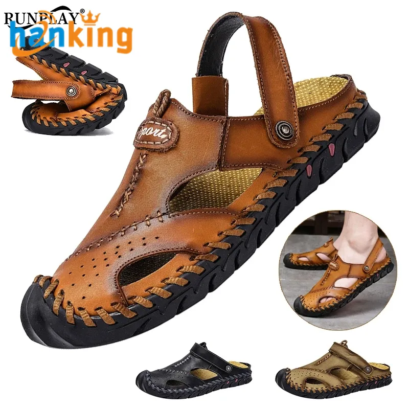Ehanking, sandalias de cuero informales de verano para hombre, duraderas, hechas a mano, costuras, punta suave, zapatos antideslizantes para interior y exterior, Playa